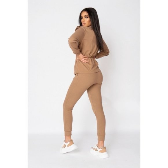 Brown Long Sleeve High Neck Top and High Waist Joggers Pants Two Piece Set - Picture 6 of 10